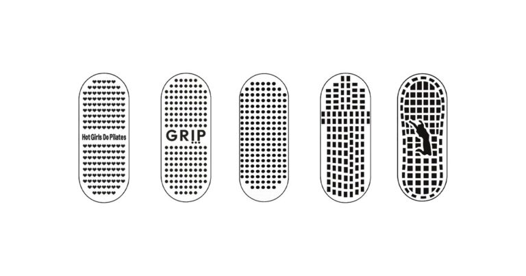 Grip sock sole patterns compared, showing full-perimeter versus centred non-slip coverage