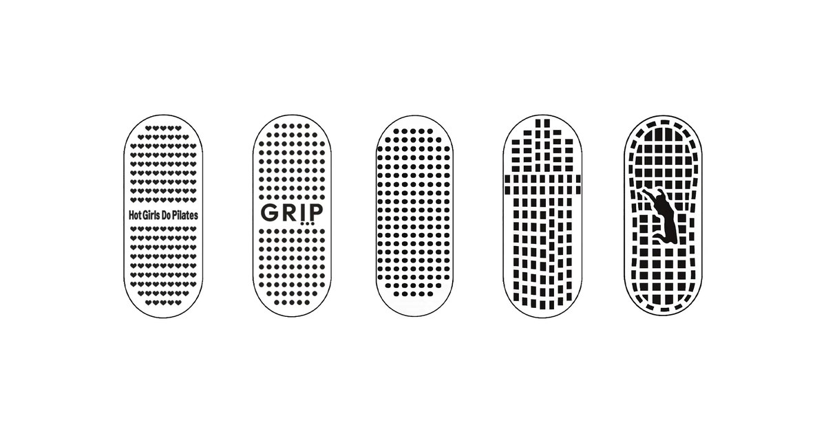 Grip sock sole patterns compared, showing full-perimeter versus centred non-slip coverage