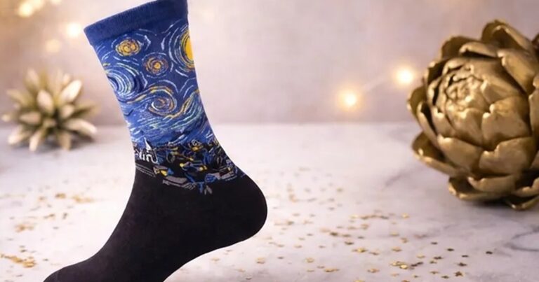 Custom sock with detailed knitted artwork, showing how complex designs render on a sock